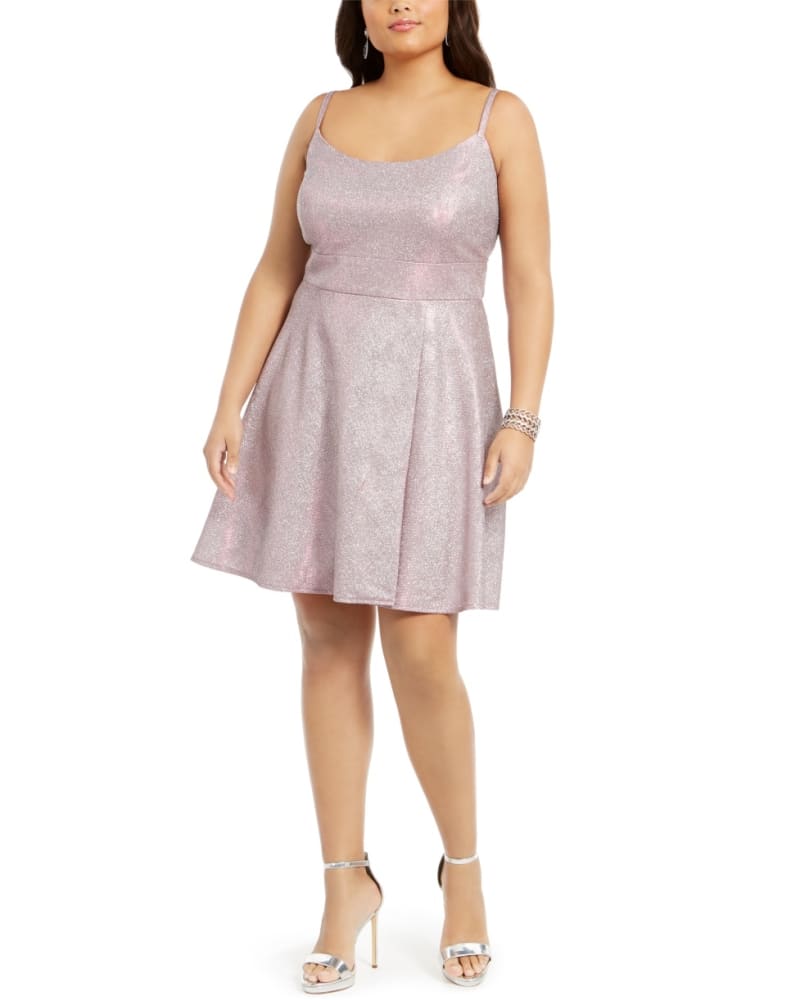 Front of a model wearing a size 16W Morgan & Co Women's Plus Size Sparkle Fit & Flare Dress Pink Size 16W in Pink by Morgan & Company. | dia_product_style_image_id:312840